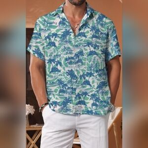 KYKU Men's Button Down Short Sleeve Tropical Hawaiian Shirt, Blue & Green, LARGE